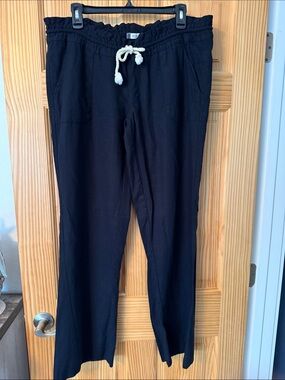 Roxy Black linen Drawstring beach Pants with White Rope